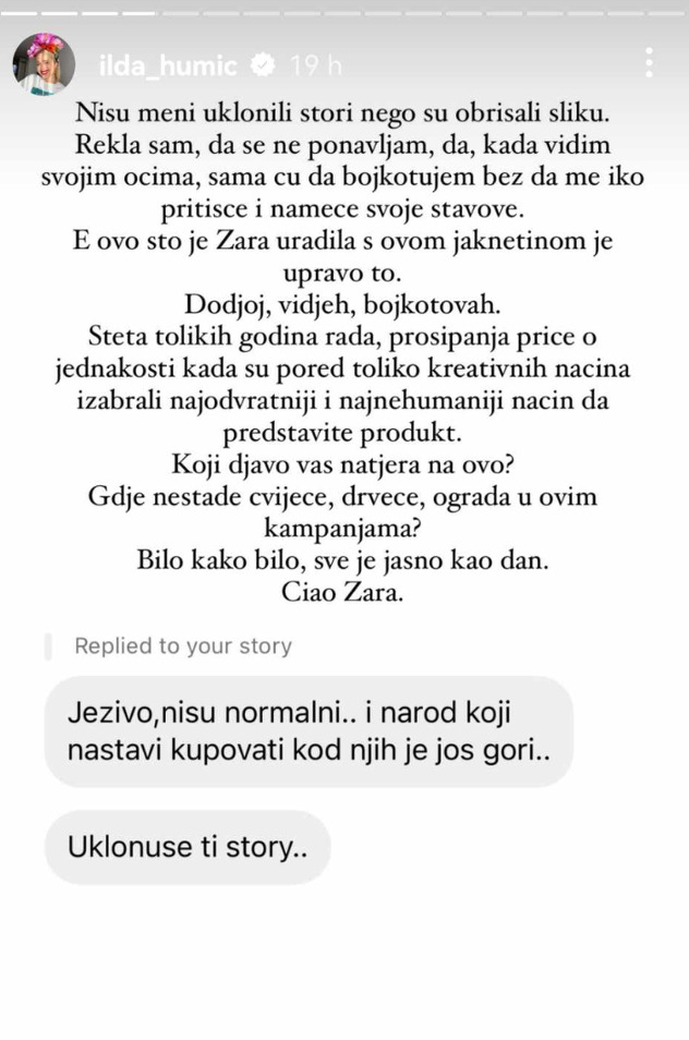 Ilda Humić bojkotuje Zaru (Screenshot: Instagram)