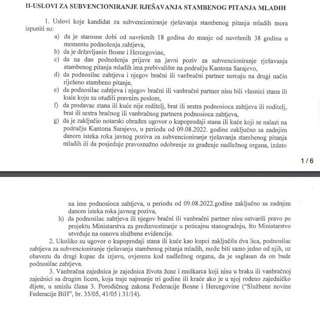 Uslovi za subvencioniranja rješavanja stambenog pitanja mladih