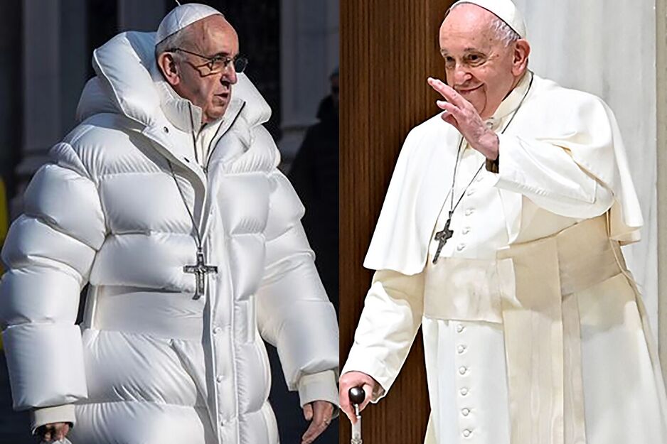 Lažna slika pape Franje koju je napravio Midjourney AI, lijevo i prava fotografija pape Franje desno. Izvor: Midjourney; AFP/Getty Images 