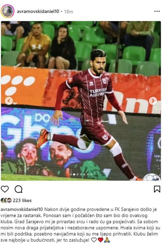 Poruka Avramovskog objavljena na Instagramu (Foto: Screenshot)