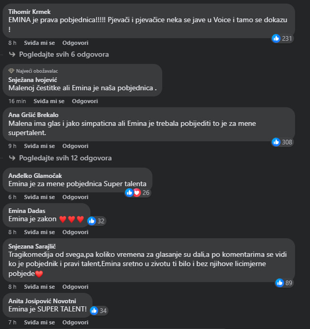 Komentari na objavu proglašenja pobjednice na Facebook stranici Supertalenta (Screenshot/Facebook)
