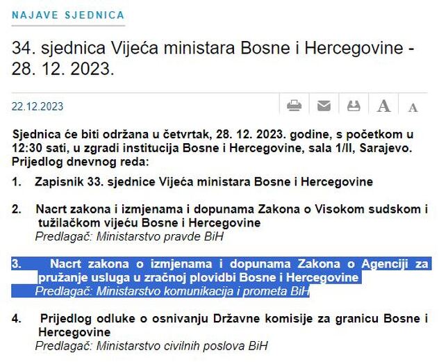 Povučena tačka s dnevnog reda sjednice Vijeća ministara BiH