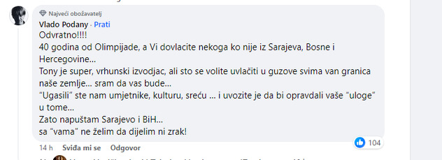 Komentar Podanyja na objavu da će Cetinski pjevati za godišnjicu ZOI-a