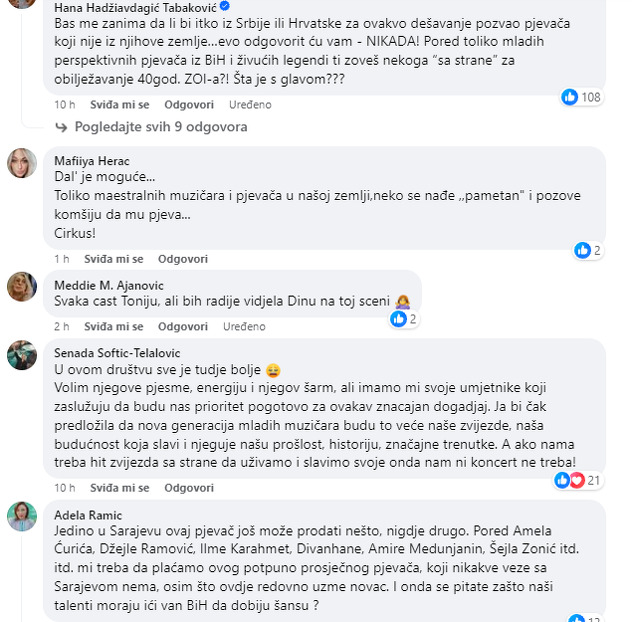 Komentari ispod objave da će Cetinski pjevati za godišnjicu ZOI-a