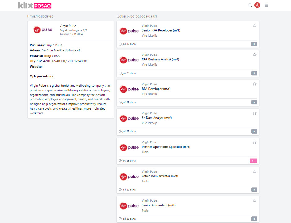Virgin Pulse objavio je oglase na platformi Klix Posao