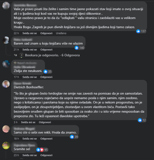 Komentari na objavu knjižare (Screenshot/Facebook)