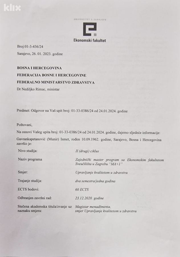 Dokument koji je prof. dr. Gavrankapetanović dostavio redakciji portala Klix.ba