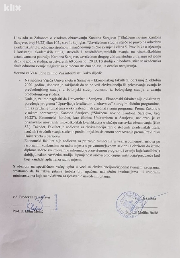 Dokument koji je prof. dr. Gavrankapetanović dostavio redakciji portala Klix.ba