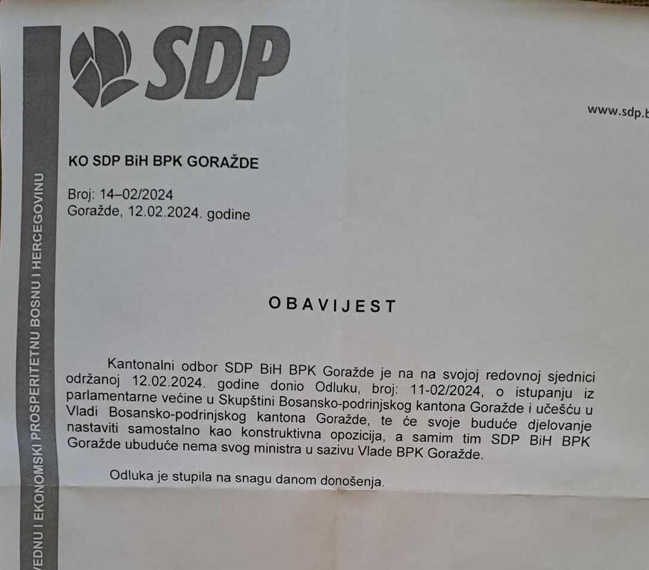 Obavještenje lokalnog SDP-a partnerima u vlasti