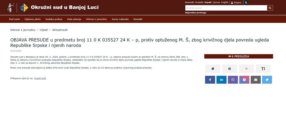 Odluka objavljena na stranici Okružnog suda