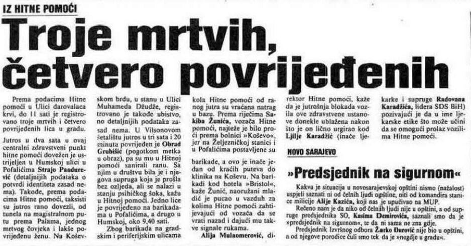 Tekst Oslobođenja dan nakon postavljanja barikada