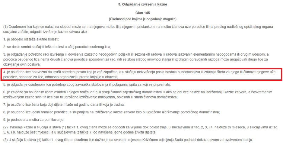 Član 145. Zakona o izvršenju kaznenih sankcija BiH