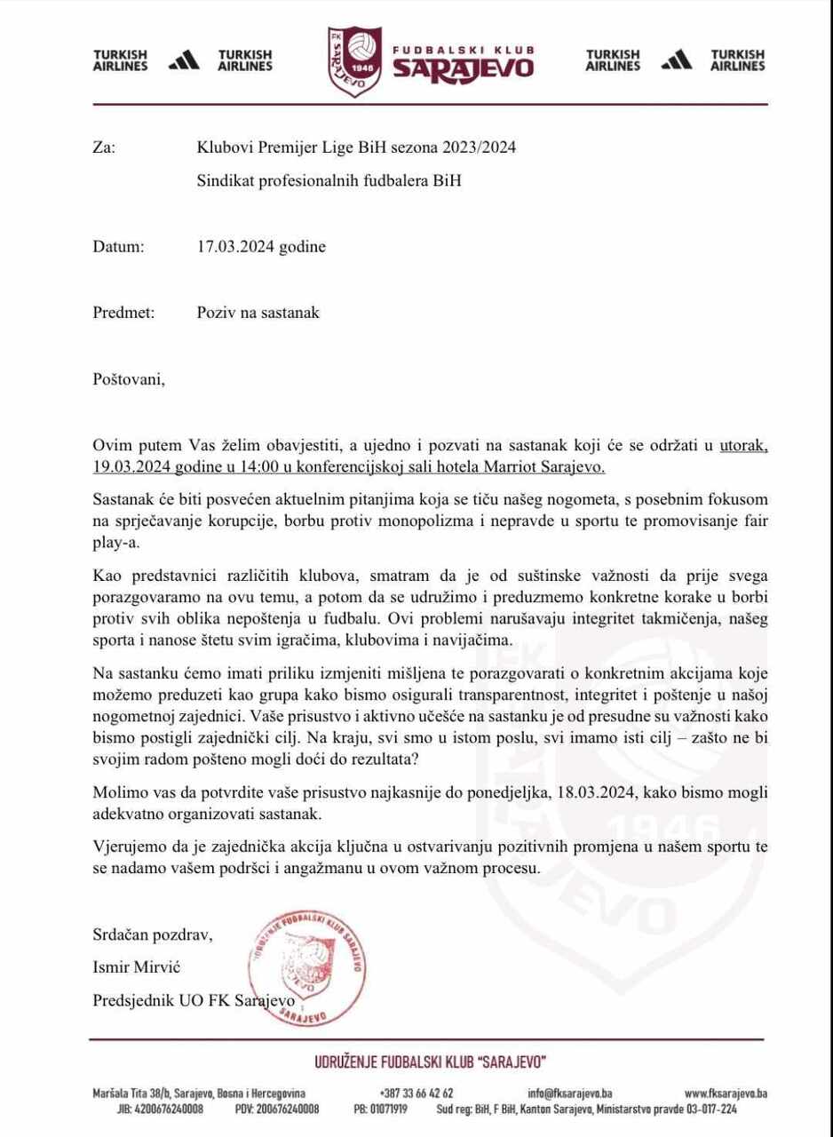 Pismo Mirvića klubovima Wwin lige BiH
