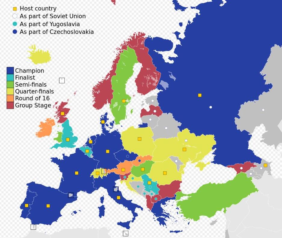 Države označene sivom bojom se nikada nisu plasirale na Euro