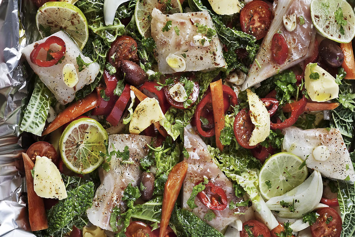 Fish tray bake with salsa verde