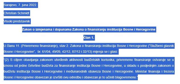 Schmidtova intervencija u Zakon o finansiranju institucija BiH