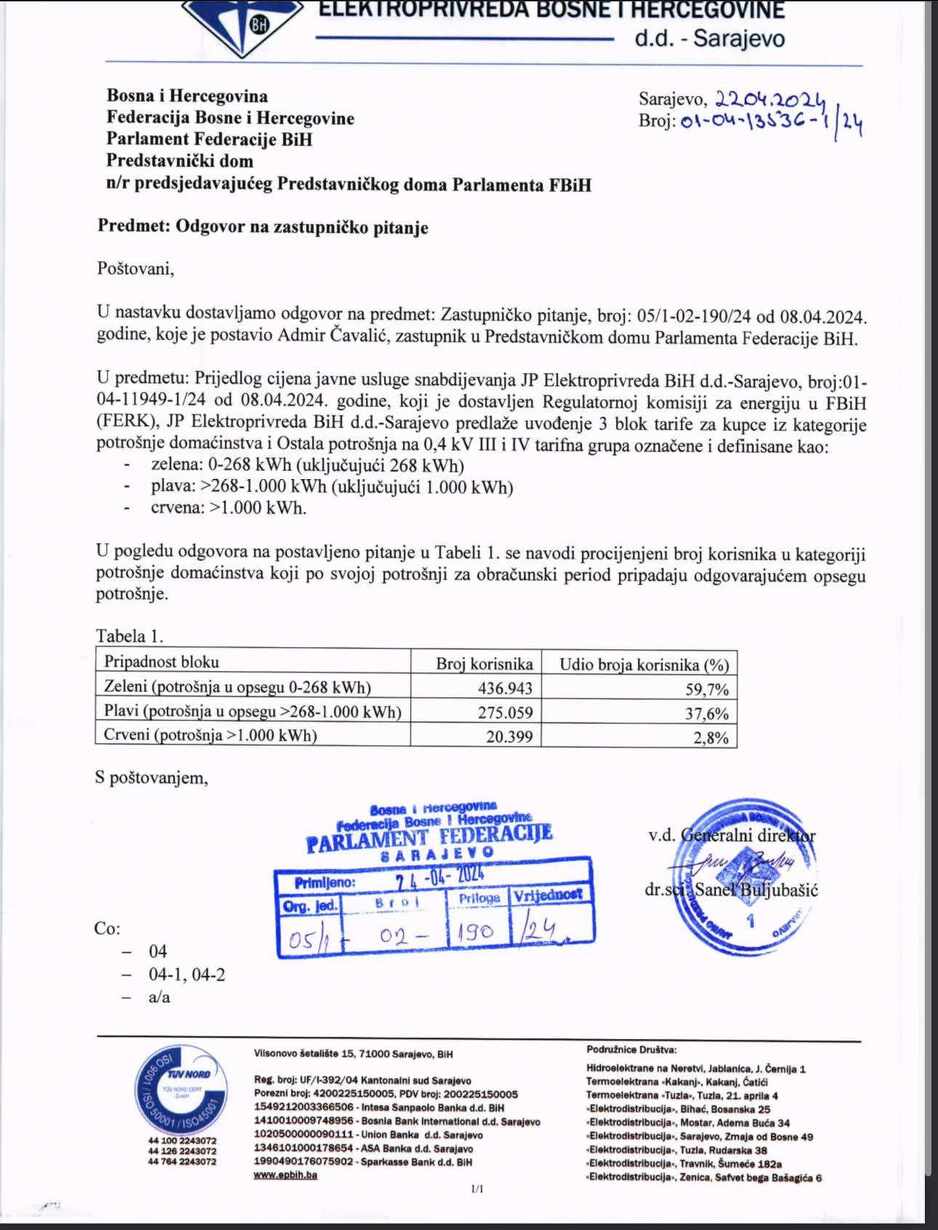 Odgvoor koji je dobio Čavalić od Elektroprivrede BiH
