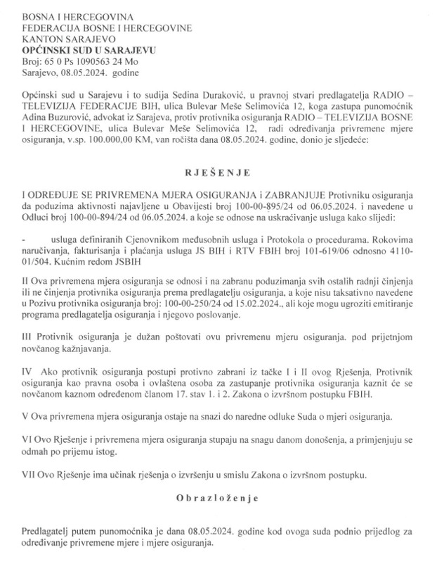 Odluka Općinskog suda u Sarajevu