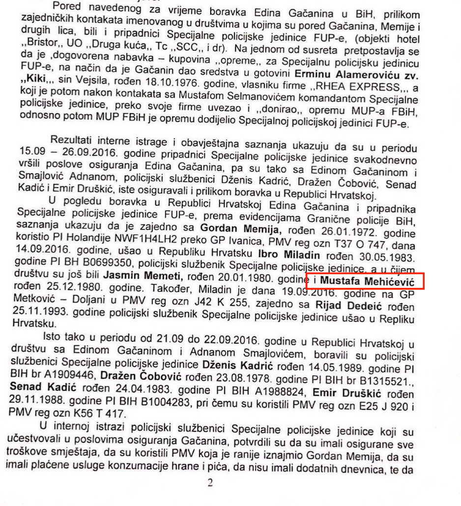Dokument koji govori o ekipi koja je 2016. godine čuvala Edina Gačanina