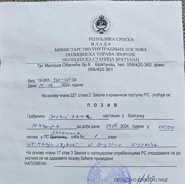 Poziv koji je Salkiću upućen za saslušanje u svojstvu svjedoka