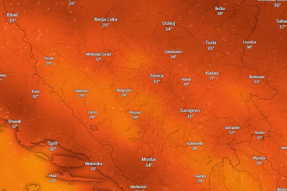 Temperature koje nas očekuju sutra u 15 sati (Izvor: Windy)