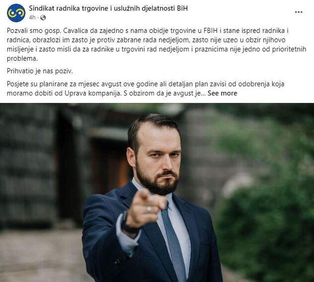 Objava Sindikata trgovine i uslužnih djelatnosti BiH na Facebooku