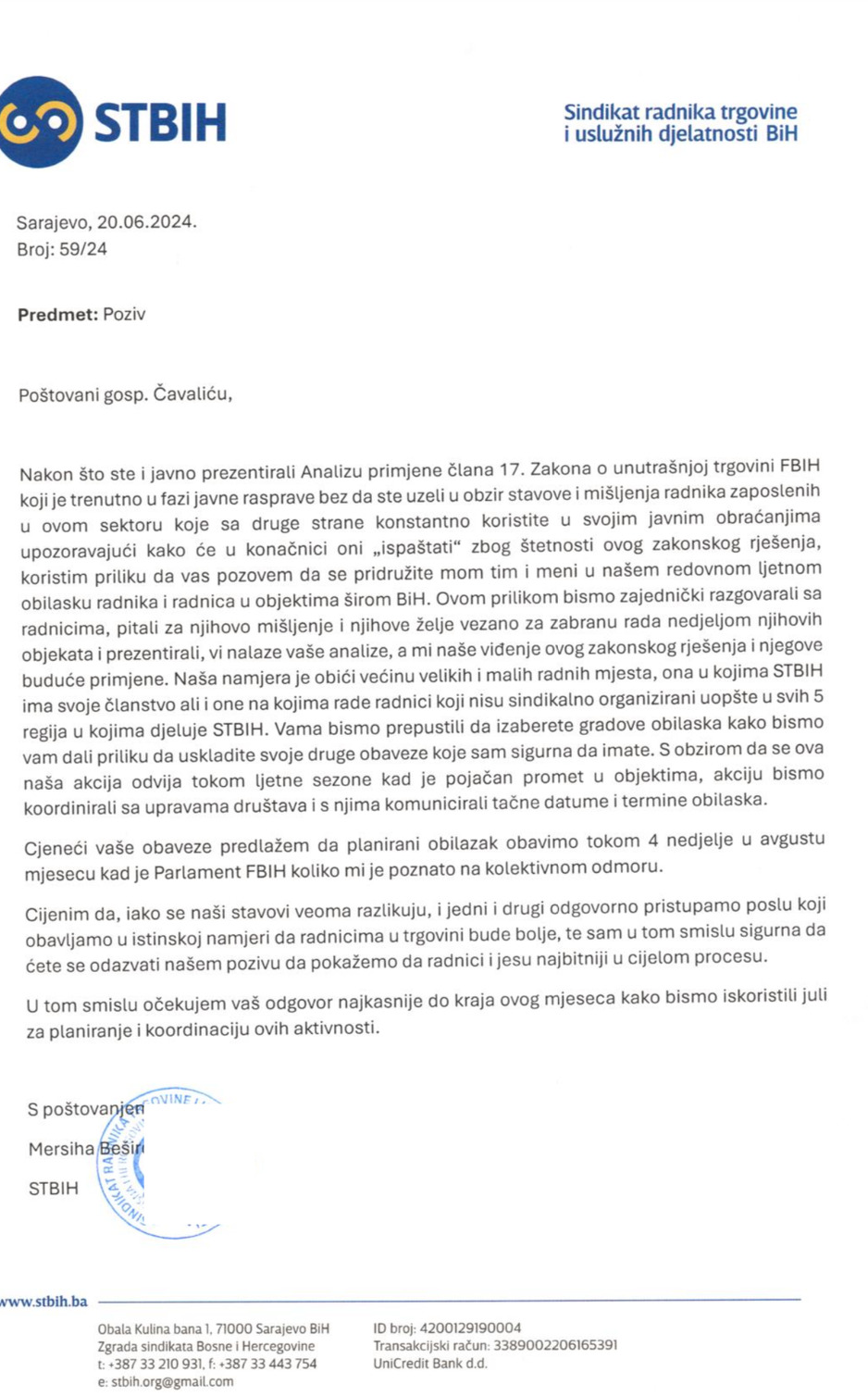 Zvanični poziv Sindikata upućen Čavaliću (Foto: Klix.ba)