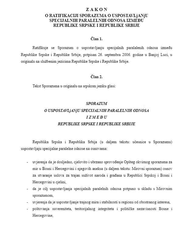 Zakon o ratifikaciji sporazuma o uspostavljanju paralelnih veza RS-a i Srbije
