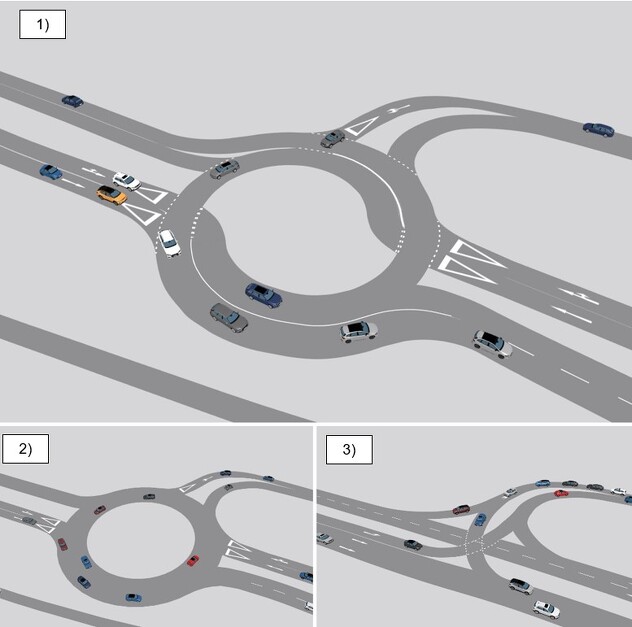 Modeli predloženih rješenja na priključku I transverzale - turbo rotor (1), dvotračni kružni tok (2) i trokraka raskrsnica (3) (Ustupila Selma Spahić)