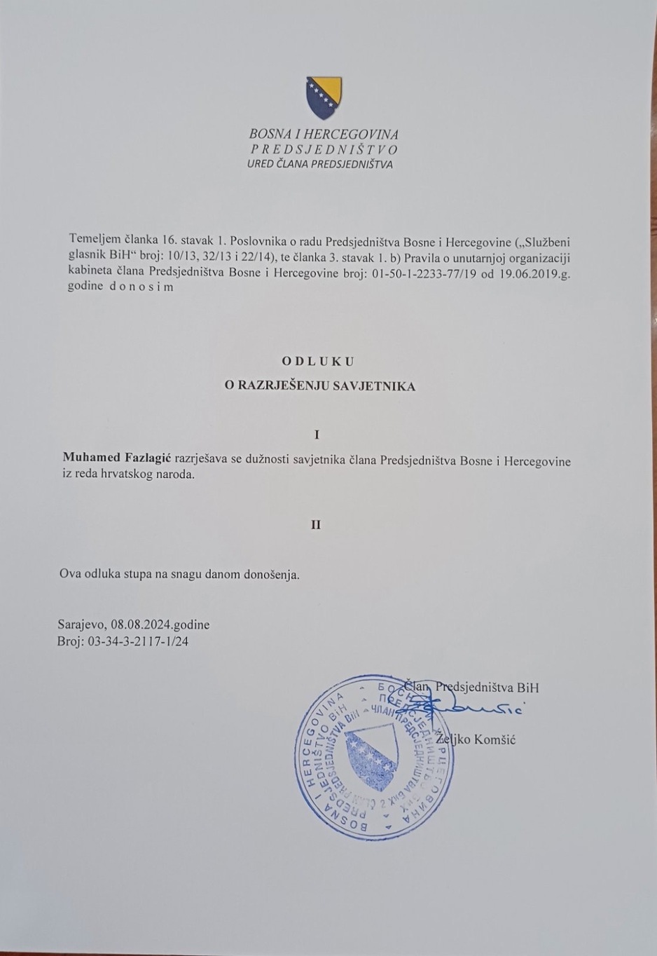 Rješenje o smjeni Muhameda Fazlagića
