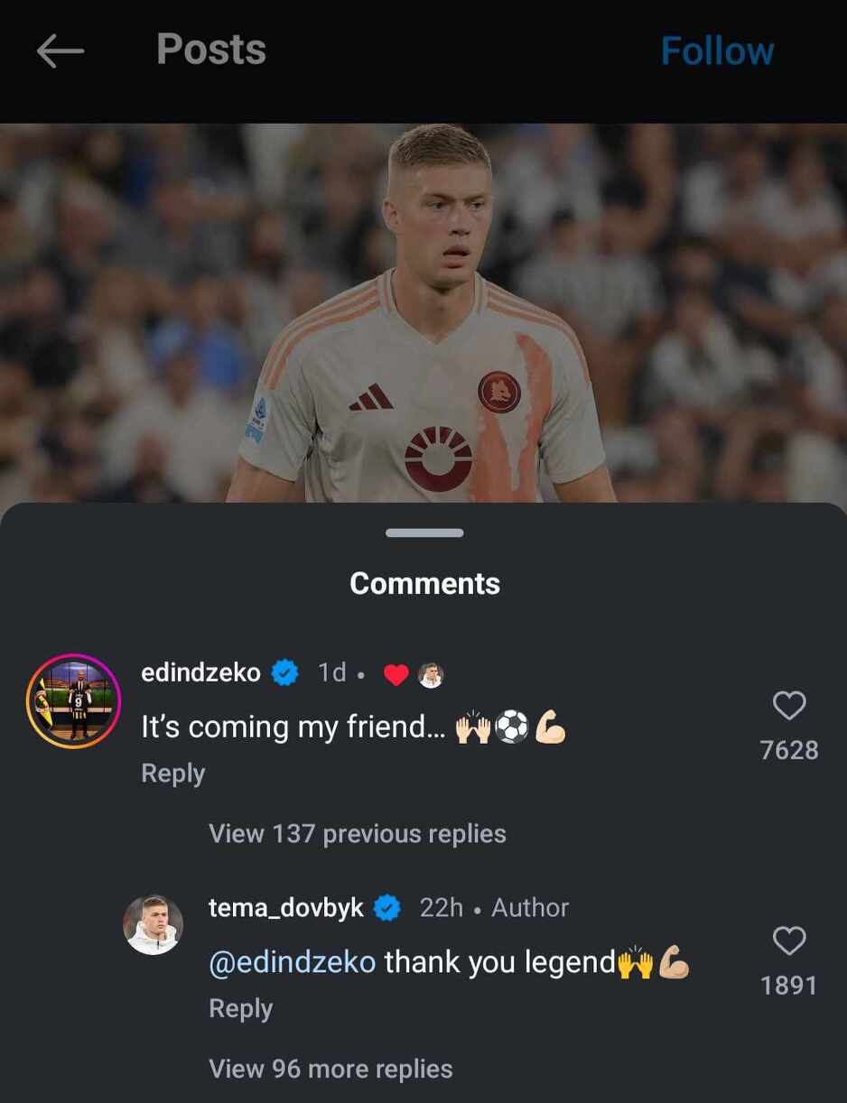 Džekin komentar na Dovbikovu objavu (Foto: Instagram)