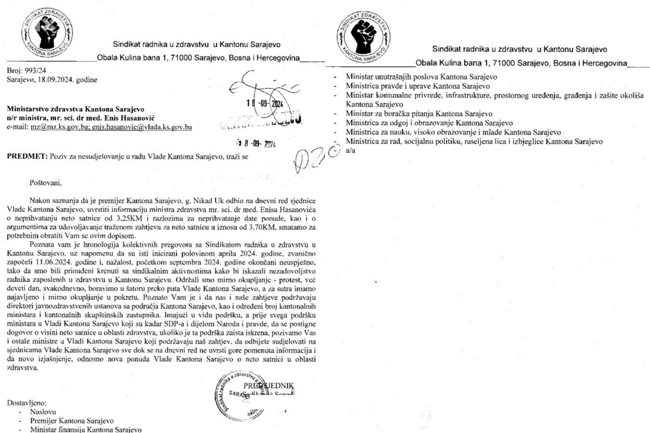 Dopis Sindikata radnika u zdravstvu kantonalnim ministrima u KS (Foto: Klix.ba)