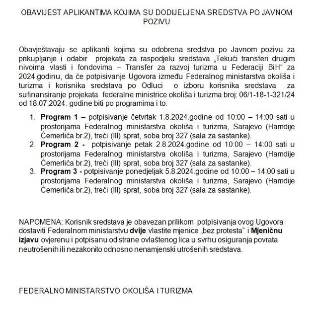 Obavijest o potpisivanju ugovora, nema za Program 5