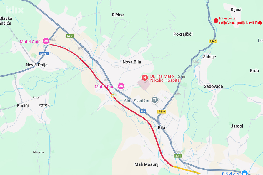 Trasa petlja Vitez - petlja Nević Polje (crveni dio)