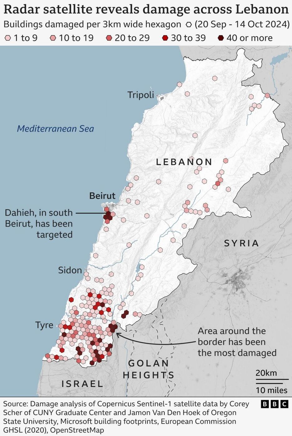 Broj zgrada uništenih u krugu od 3 kilometra (Mapa: BBC)