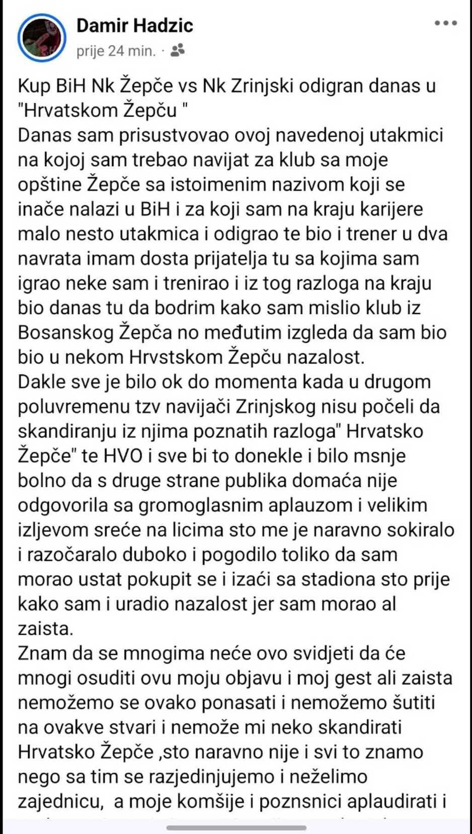 Objava Hadžića na Facebooku (Foto: Screenshot)