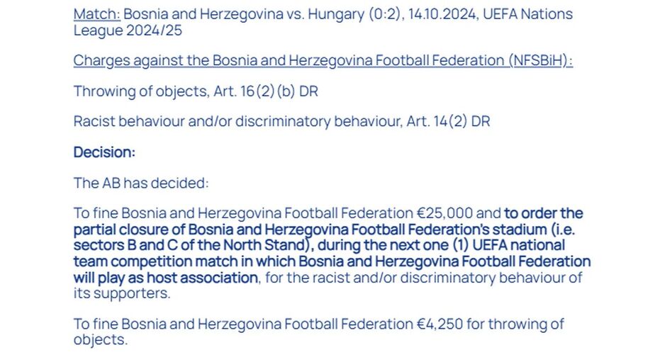 Odluka UEFA-e o kažnjavanju NS BiH (Foto: Screenshot)