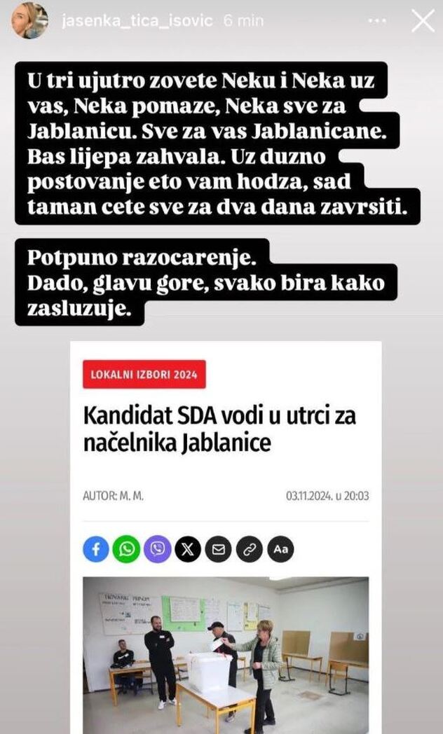 Komentar objavljen na Instagram storiju
