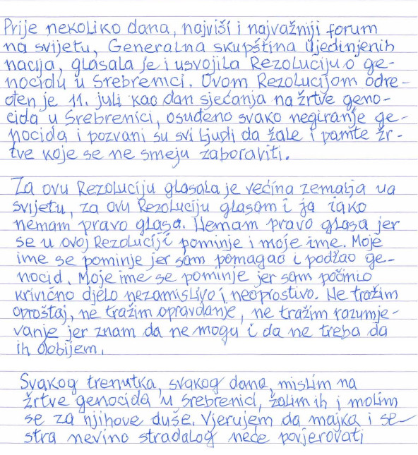 Pismo iz juna ove godine zločinca Radislava Krstića