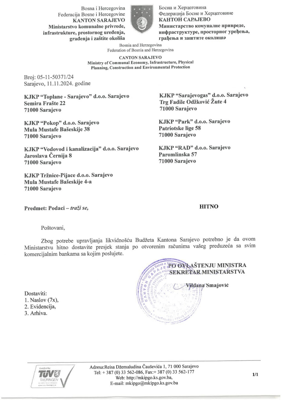 Pismo koje su dobila javna komunalna preduzeća