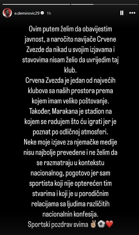 Objava Demirovića na Instagramu (Foto: Screenshot)