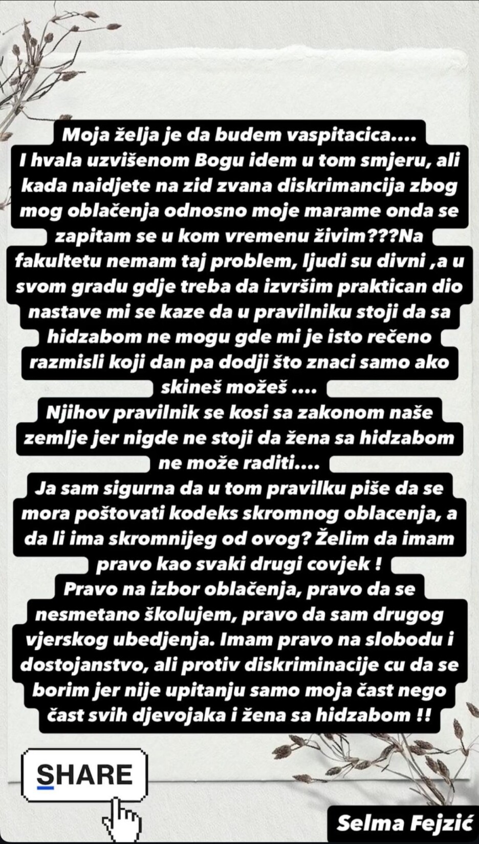 Ispovijest Selme Fejzić (Foto: Facebook)