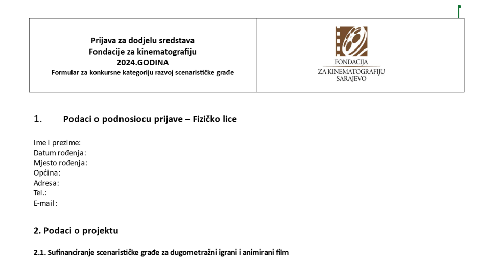 Obrazac za prijavu Fondacije za kinematografiju