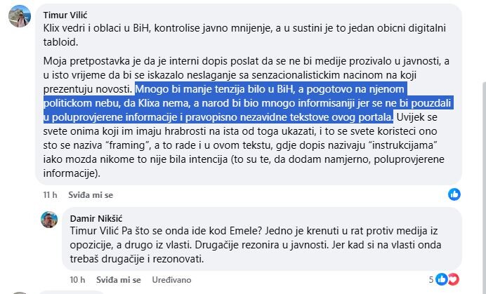 Komentar Timura Vilića na Facebook postu Damira Nikšića