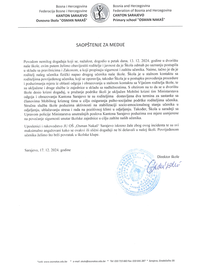 Saopćenje koje je škola poslala medijima
