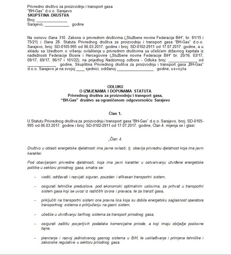 Predložena odluka o izmjenama i dopunama Statuta BH-Gasa