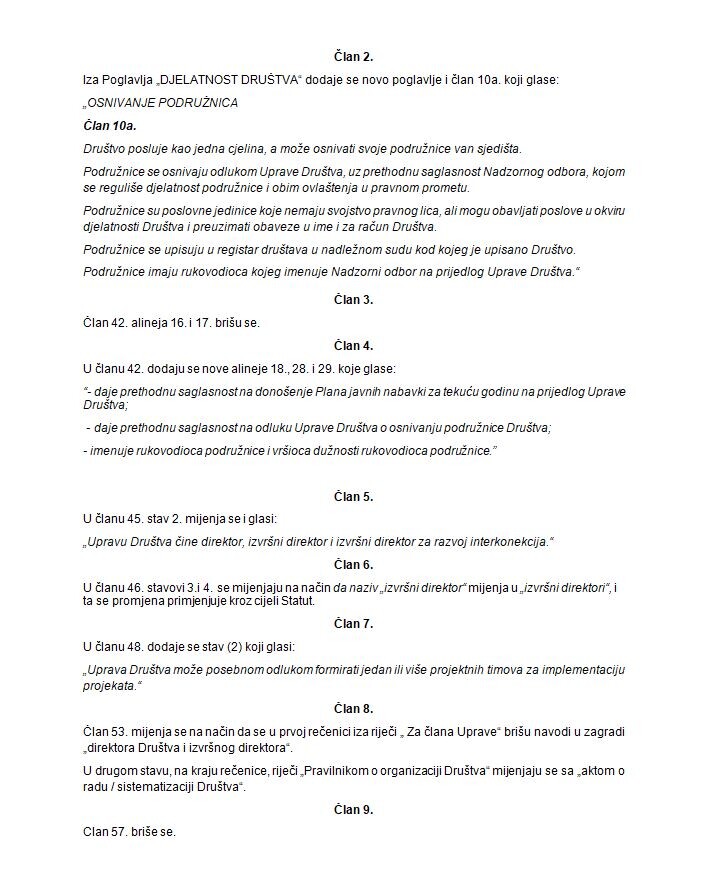 Predložena odluka o izmjenama i dopunama Statuta BH-Gasa