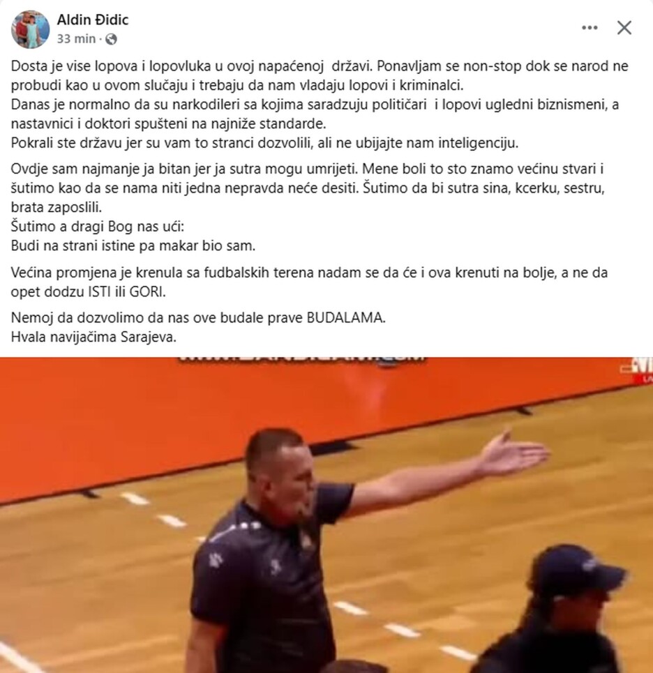Status Aldina Đidića na Facebooku (Foto: Screenshot)