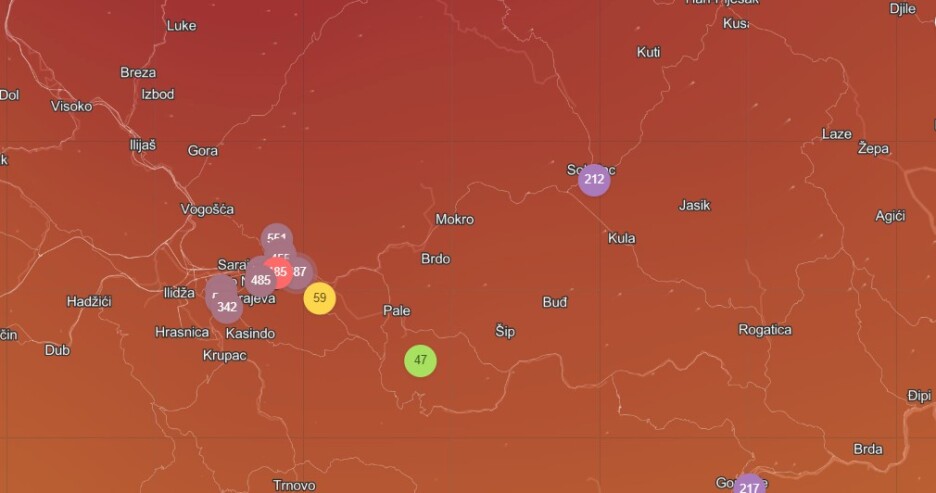 Nivo zagađenog zraka u pojedinim sarajevskim naseljima (Foto: iqair)