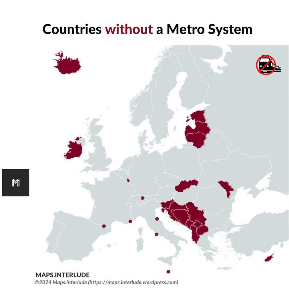 Karta Evrope koja prikazuje države bez metro sistema